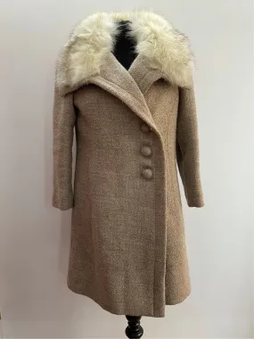1960s Real Fox Fur Collar Beige Double Breasted Boucle Wool Coat By Jaeger - Size 10