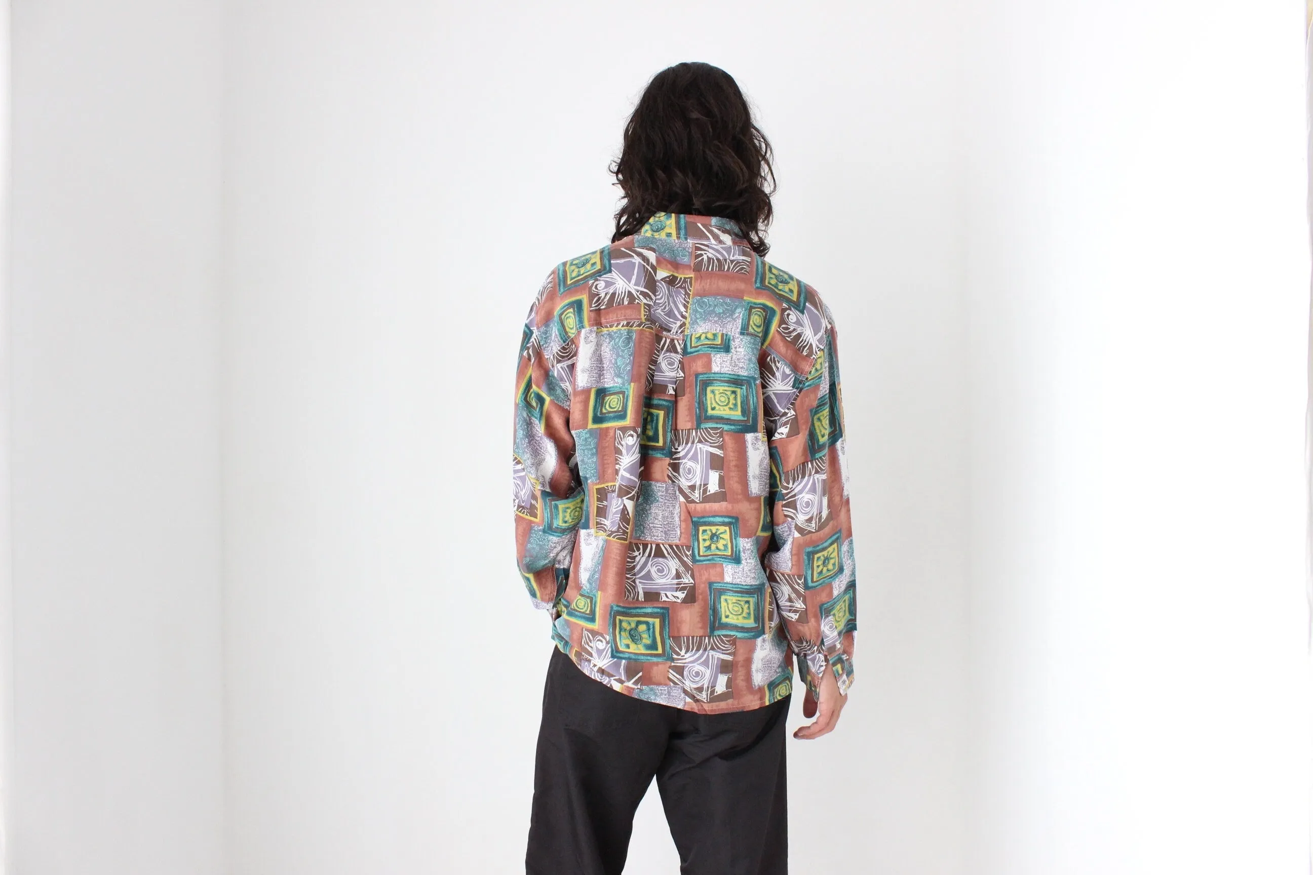 80s PURE SILK Funky Printed Long Sleeve Shirt
