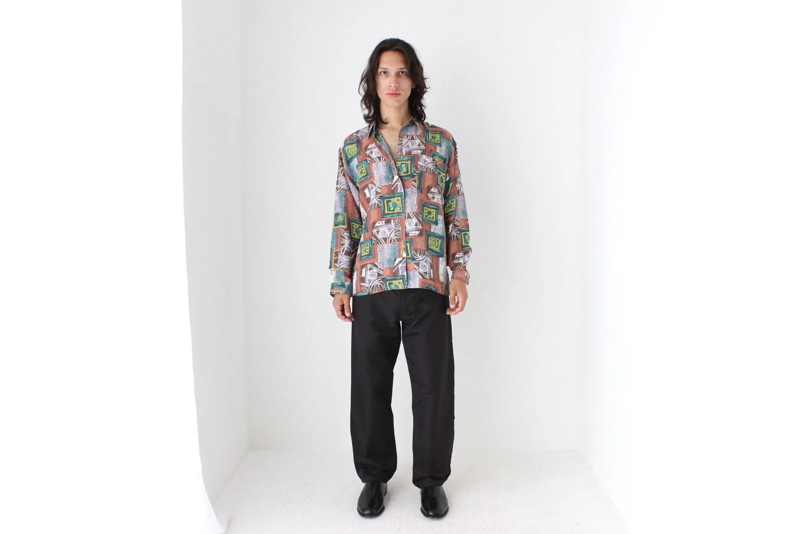 80s PURE SILK Funky Printed Long Sleeve Shirt