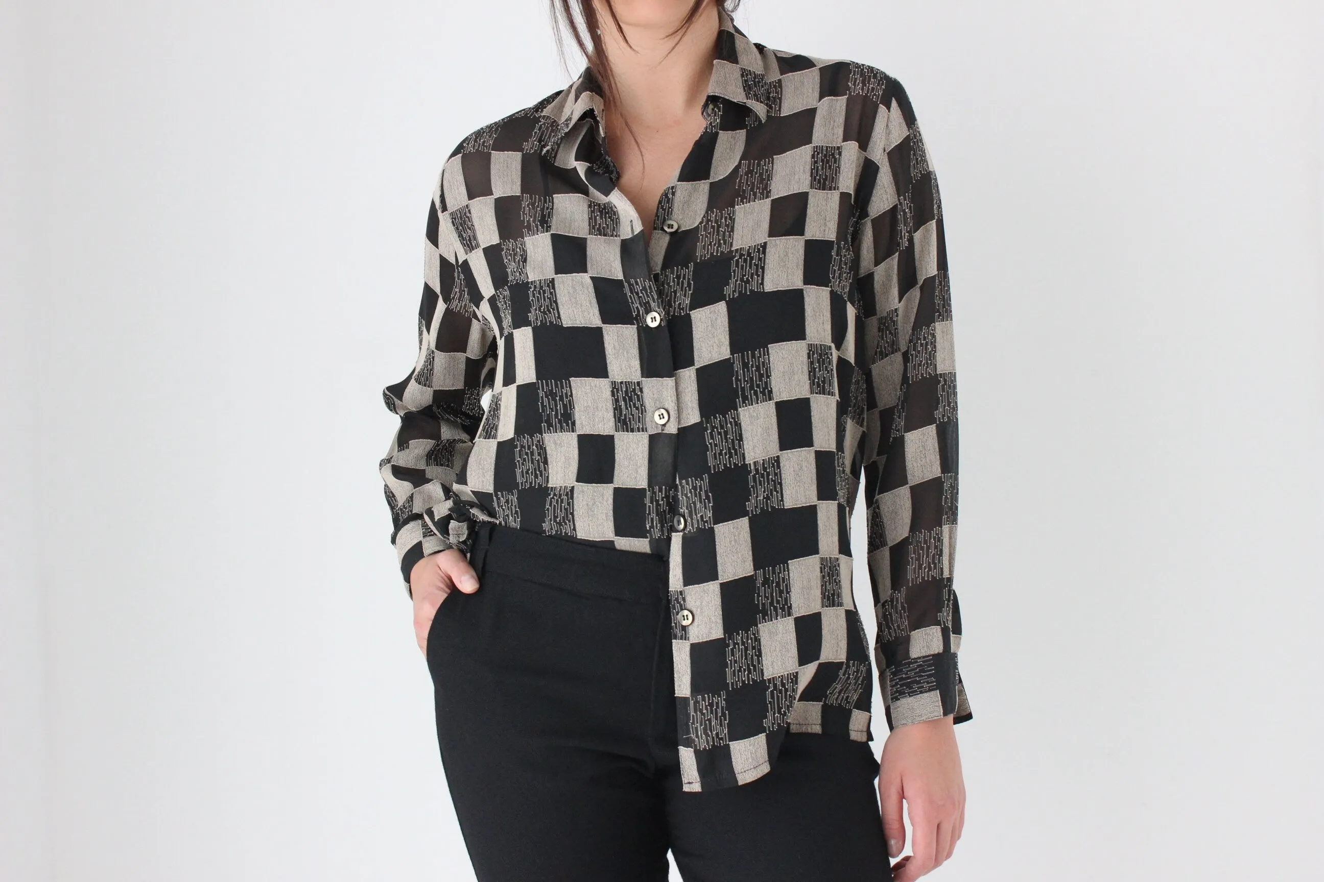 80s Sheer Checkerboard Blouse