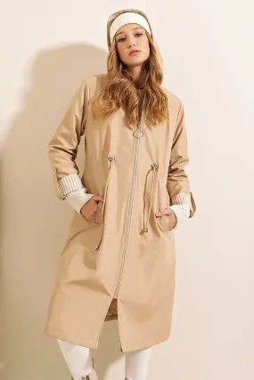 BGD Women Waist Gathered Hooded Trench Coat - Beige - Avondale