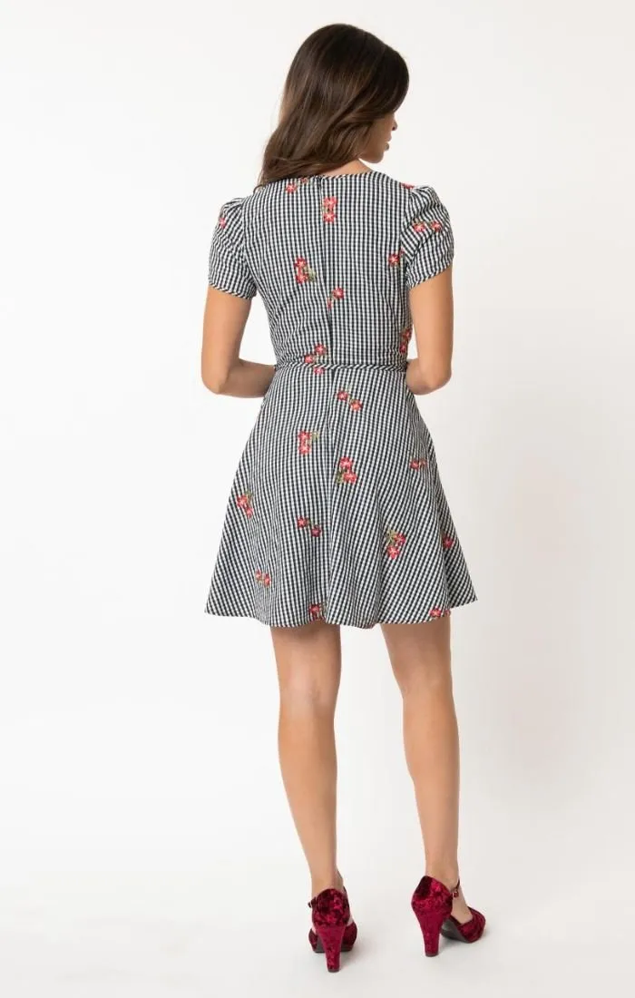 Black & White Gingham Embroidered Faux Wrap Dress