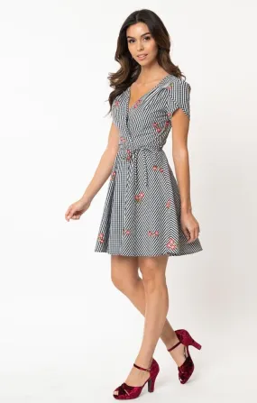 Black & White Gingham Embroidered Faux Wrap Dress