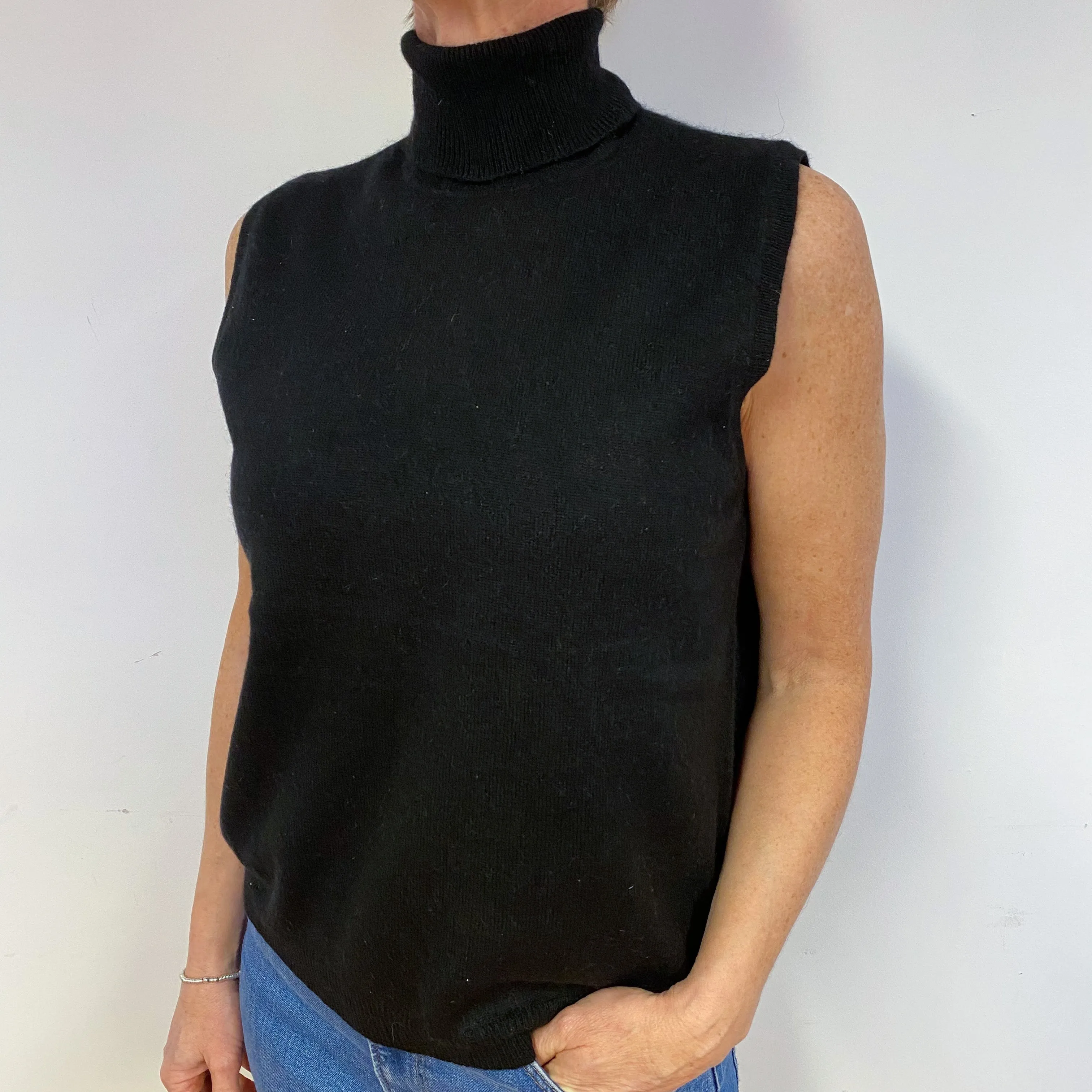 Black Cashmere Sleeveless Polo Neck Jumper Medium