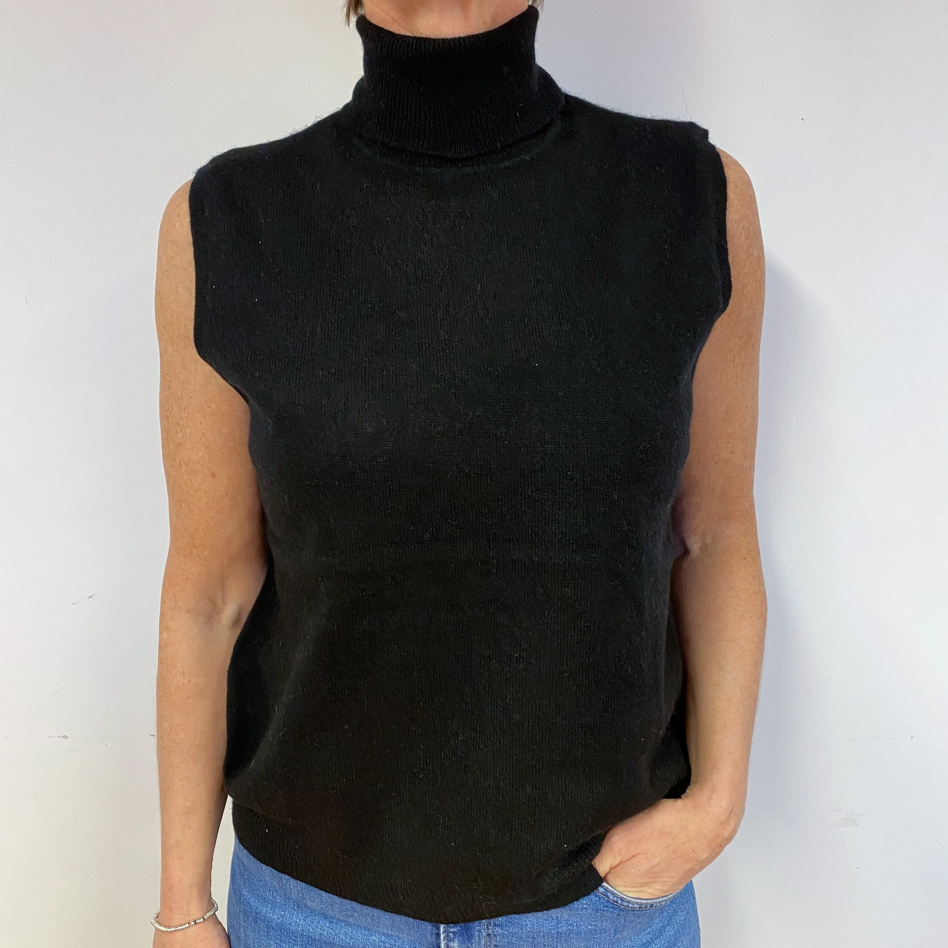 Black Cashmere Sleeveless Polo Neck Jumper Medium