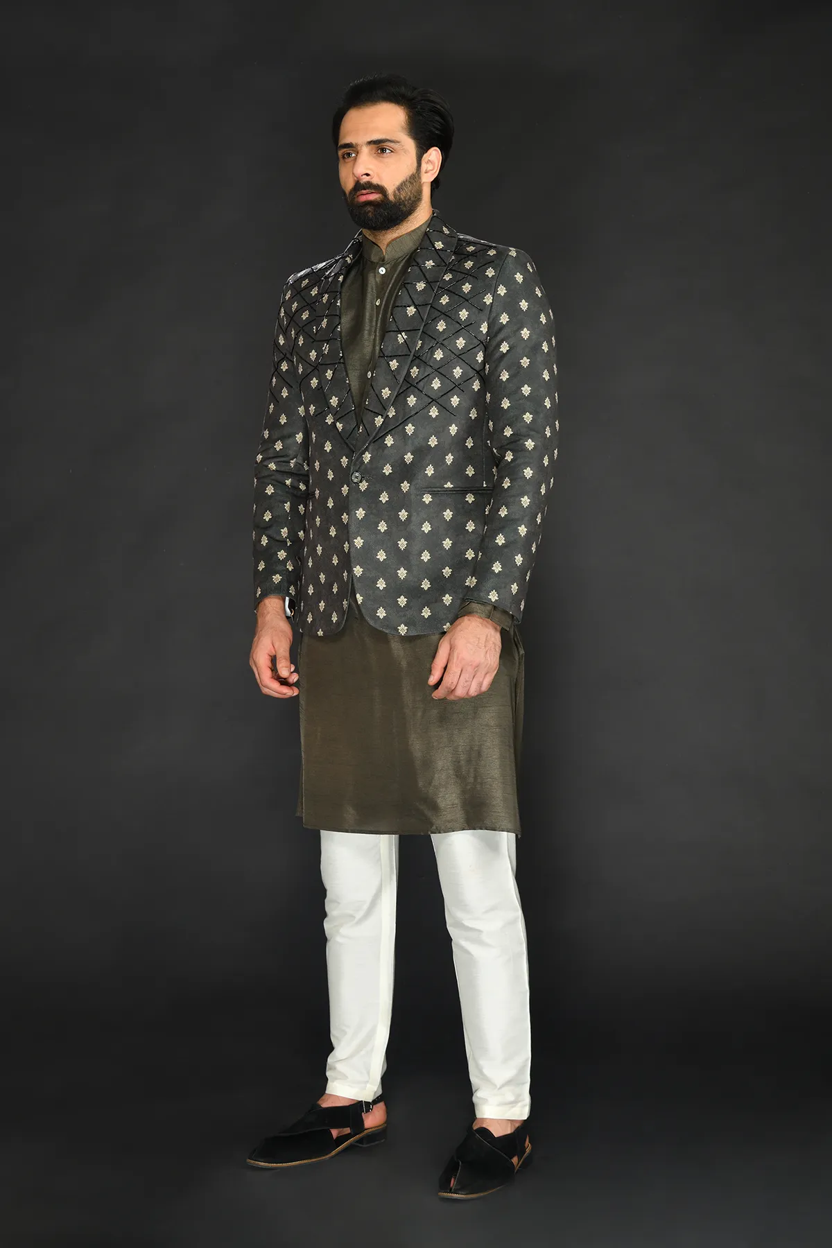 Black Olive Imported Blazer with Kurta and Pant