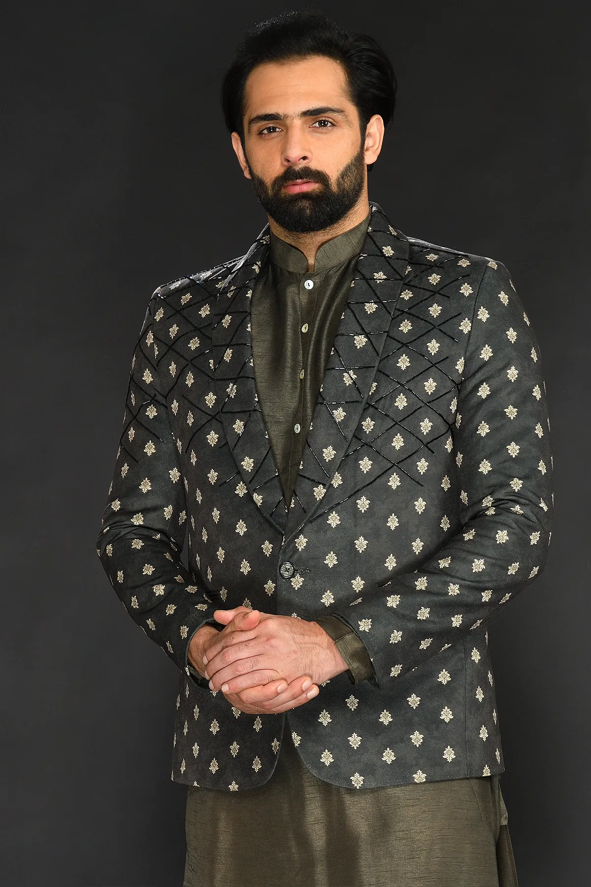 Black Olive Imported Blazer with Kurta and Pant
