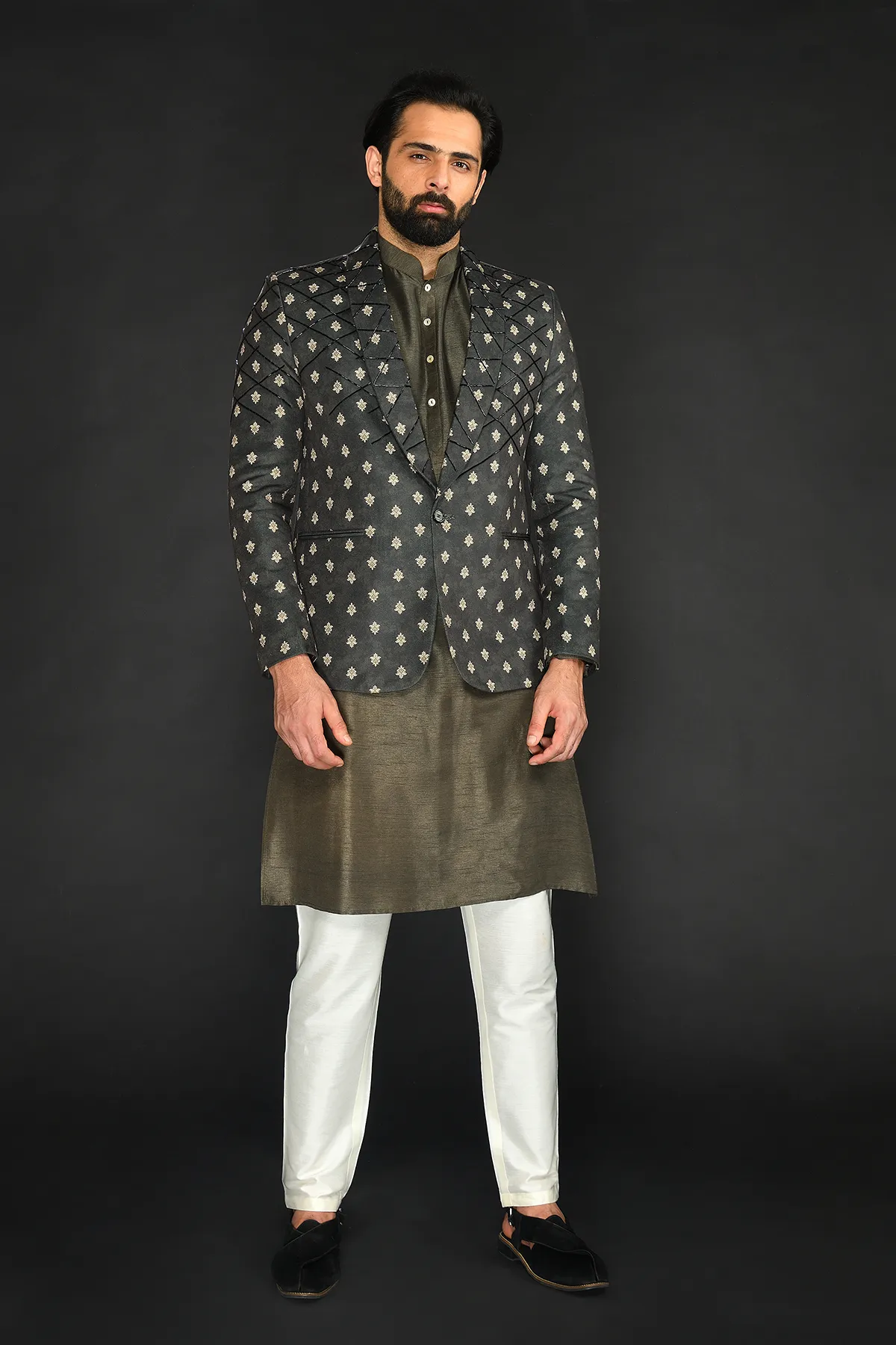Black Olive Imported Blazer with Kurta and Pant