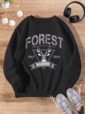 Black Retro Sika Deer Casual Fashion Winter Round Neck Long-sleeved Sweatshirt