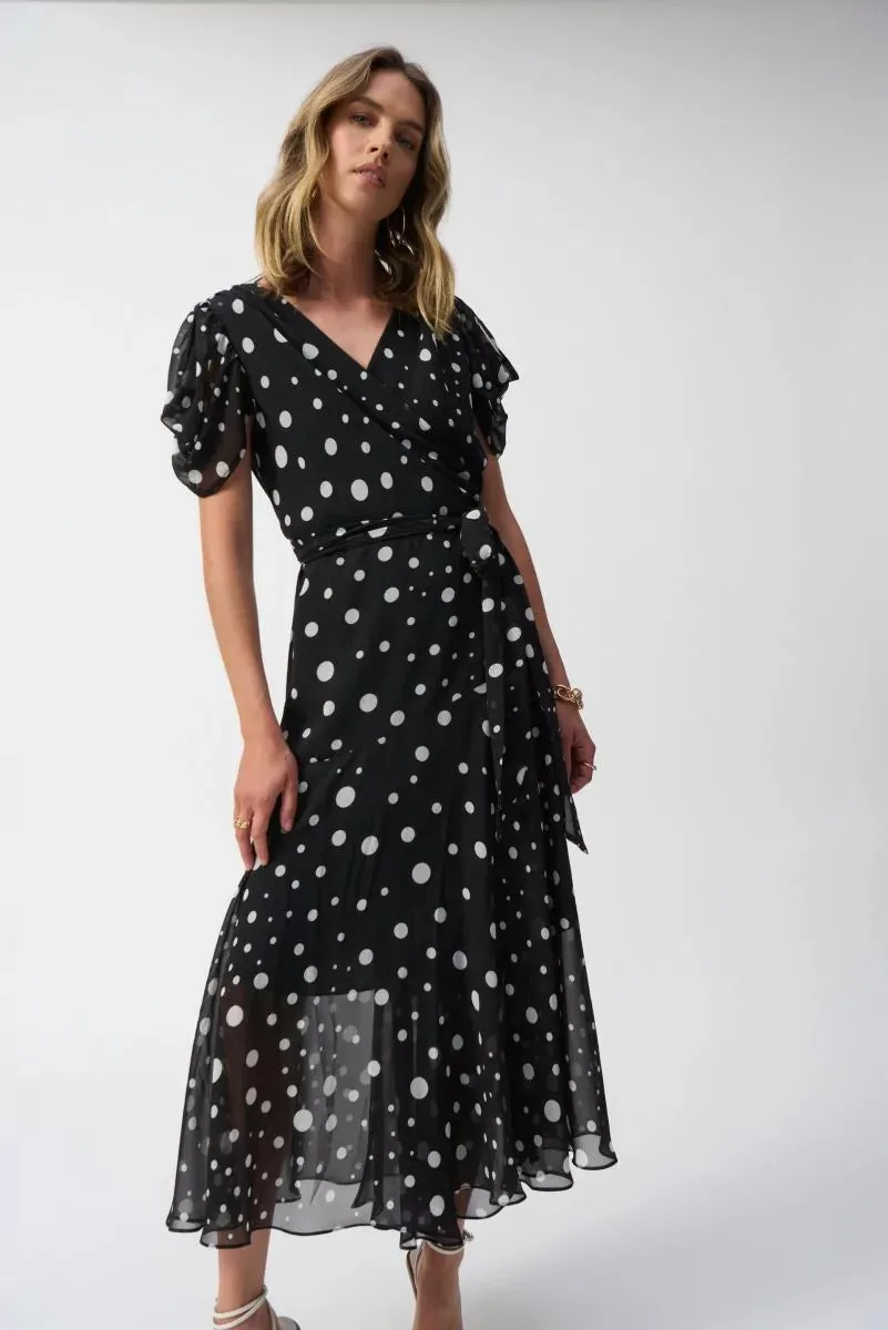 Black/Vanilla Chiffon Dot Print Wrap Dress Style 251907