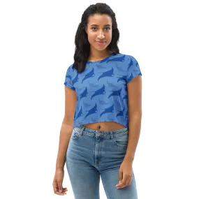 Blue Manta Ray All-Over Print Crop Tee, Nautical Theme Crop Top
