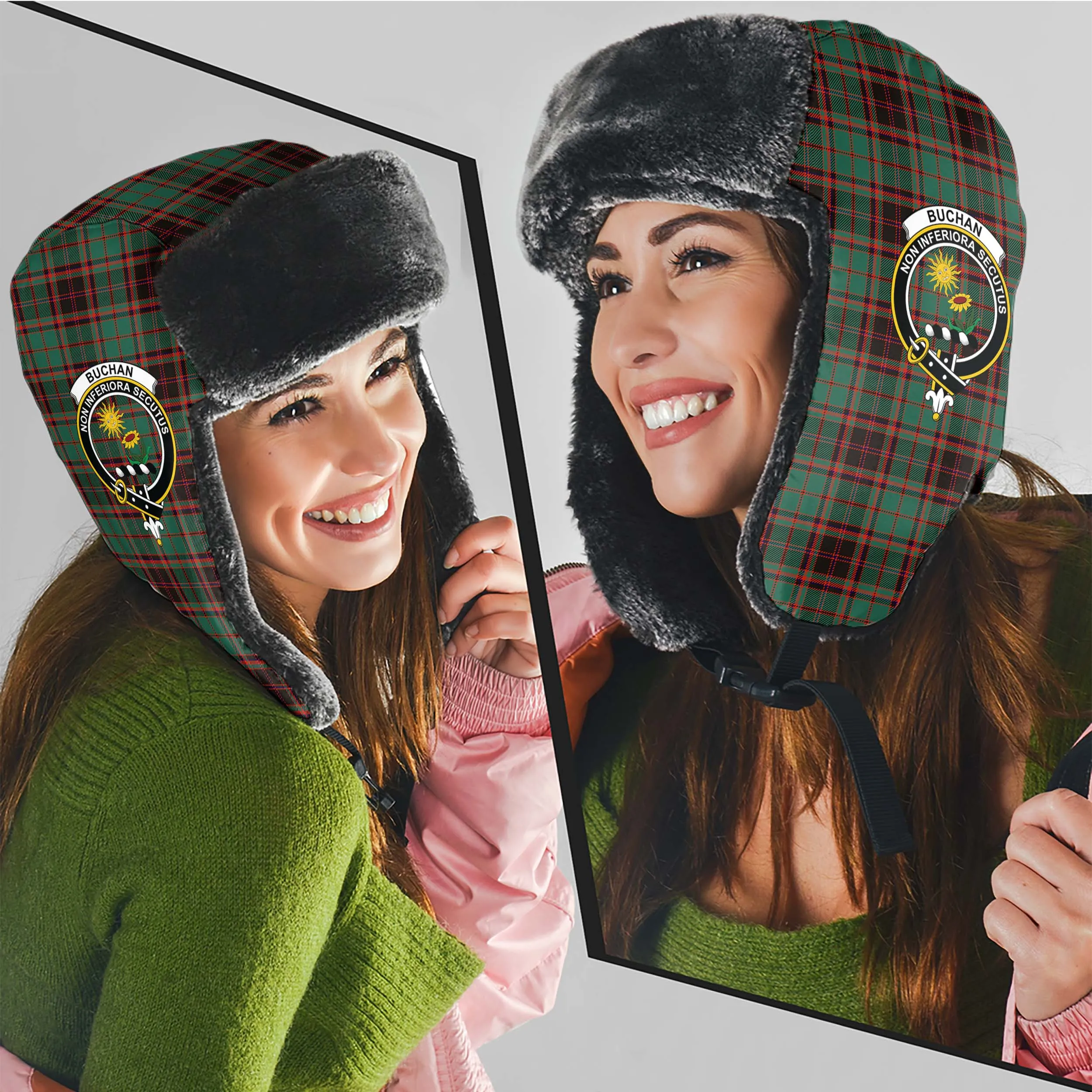 Buchan Ancient Tartan Winter Trapper Hat with Family Crest