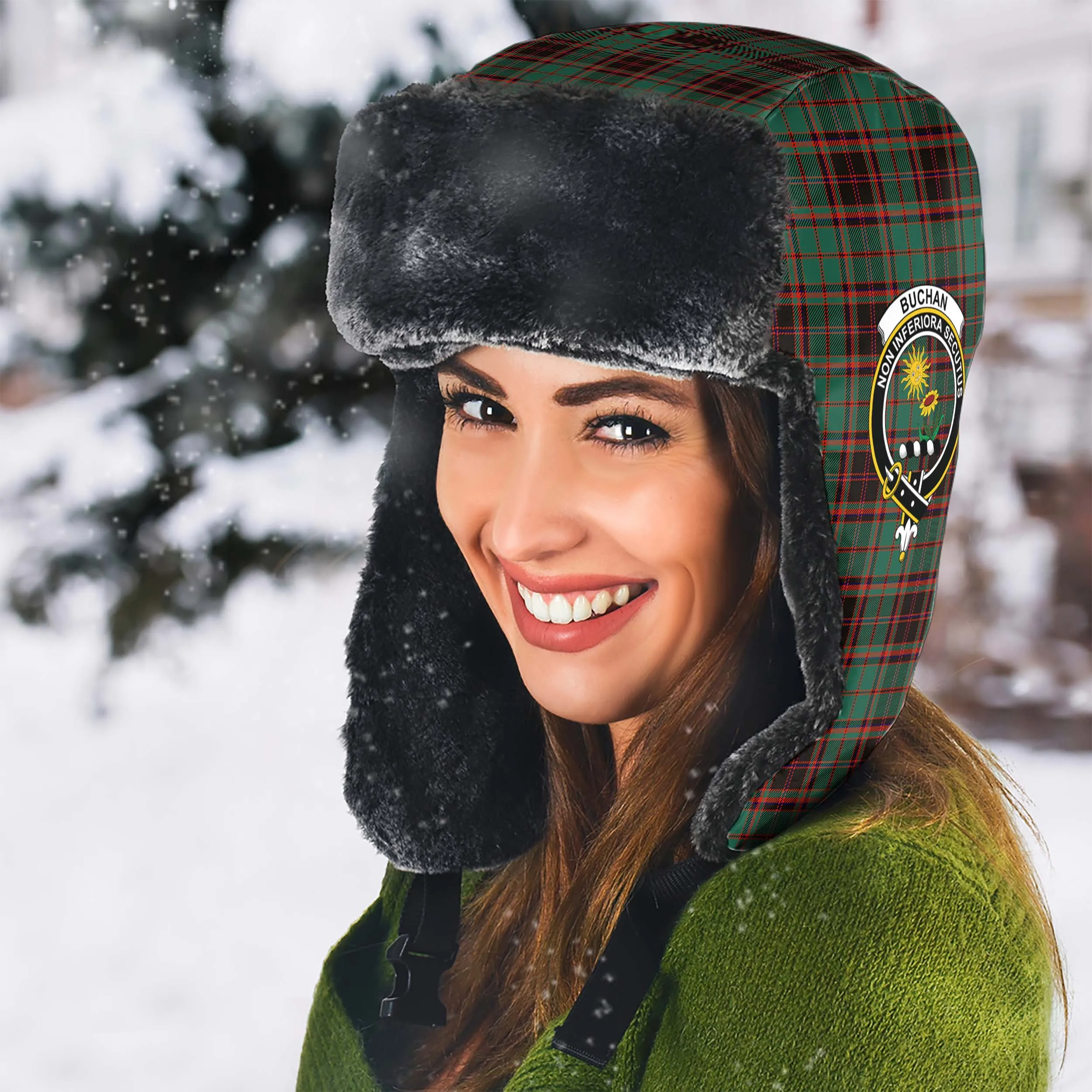 Buchan Ancient Tartan Winter Trapper Hat with Family Crest