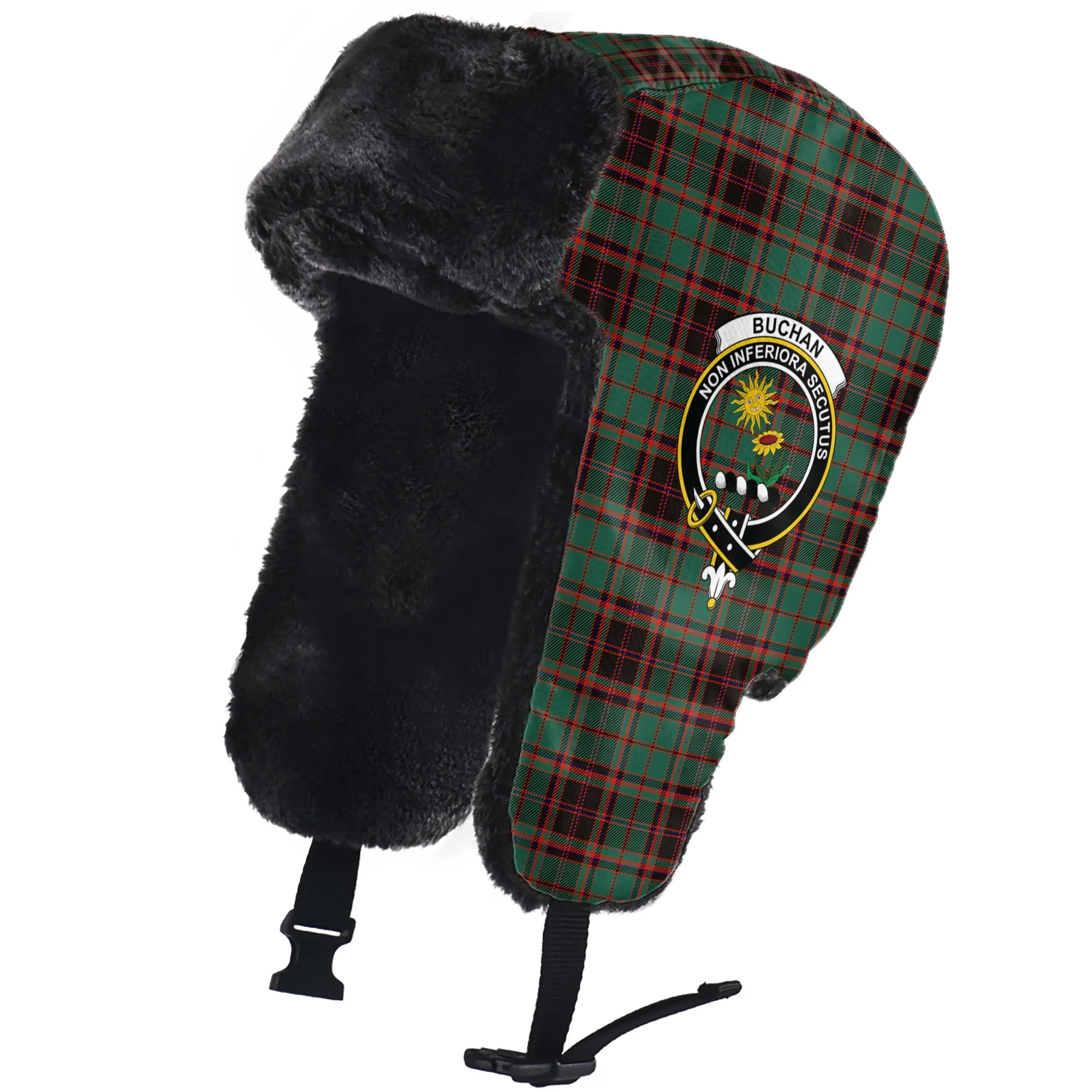 Buchan Ancient Tartan Winter Trapper Hat with Family Crest