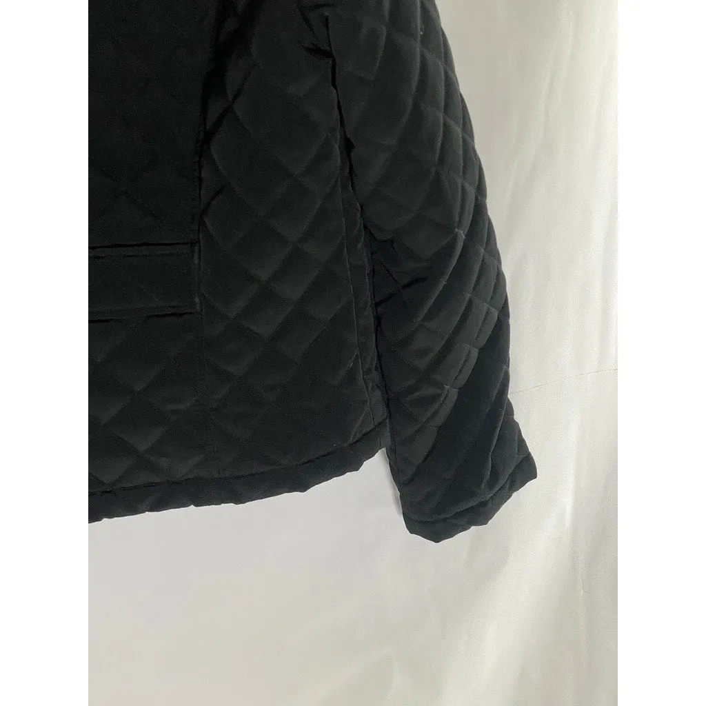 CALVIN KLEIN Women's Black Diamond Quilted Zip-Up Faux-Fur Hood Jacket SZ M