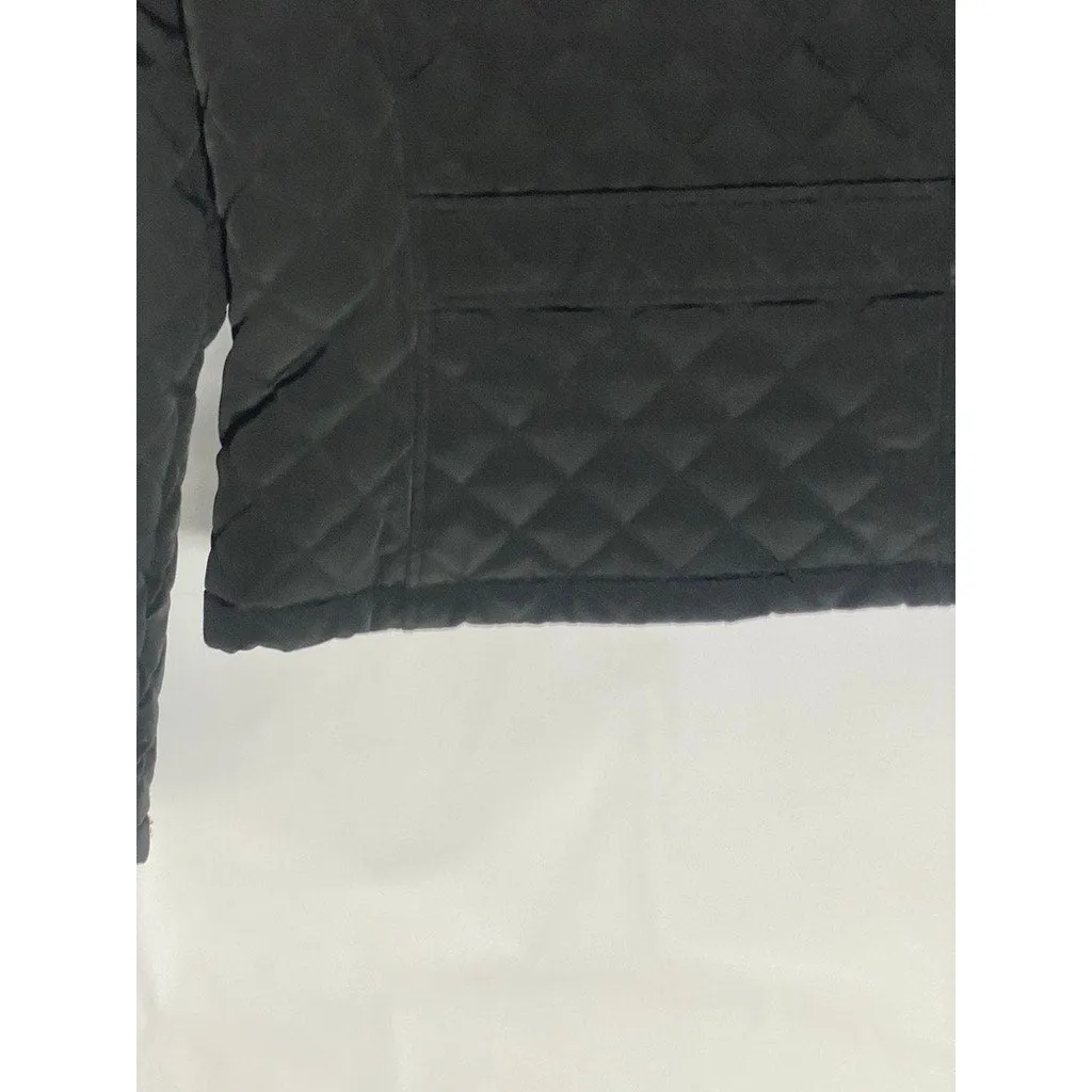 CALVIN KLEIN Women's Black Diamond Quilted Zip-Up Faux-Fur Hood Jacket SZ M