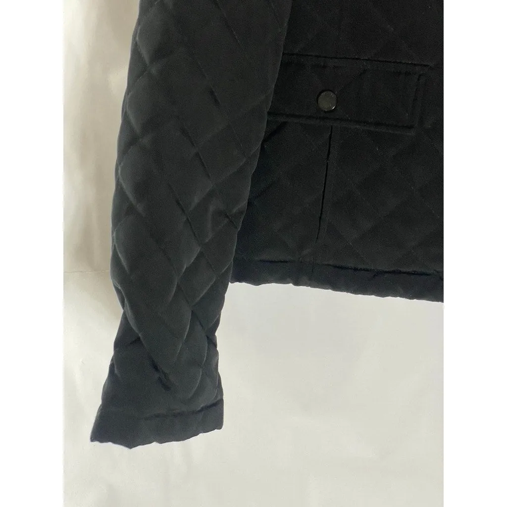 CALVIN KLEIN Women's Black Diamond Quilted Zip-Up Faux-Fur Hood Jacket SZ M