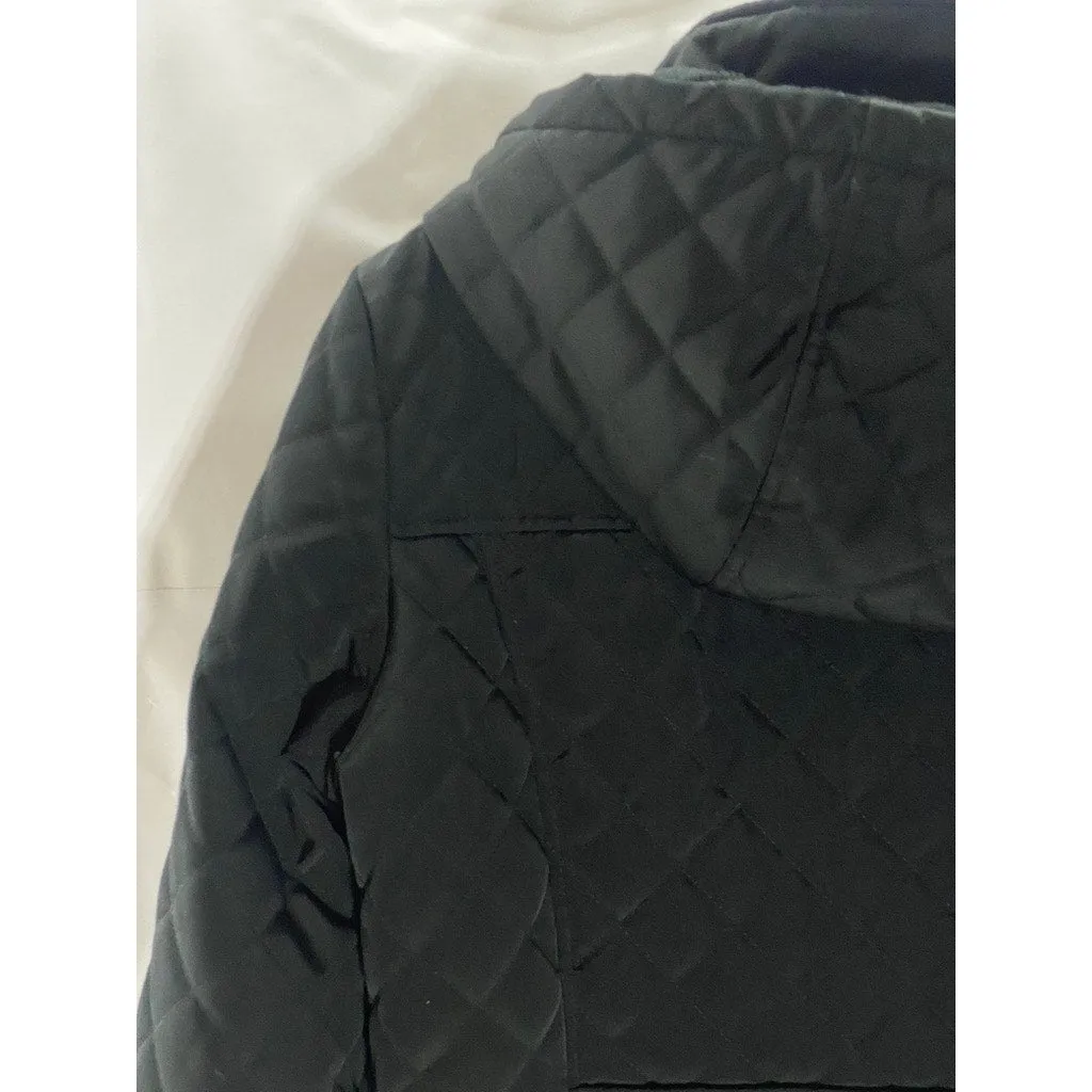 CALVIN KLEIN Women's Black Diamond Quilted Zip-Up Faux-Fur Hood Jacket SZ M