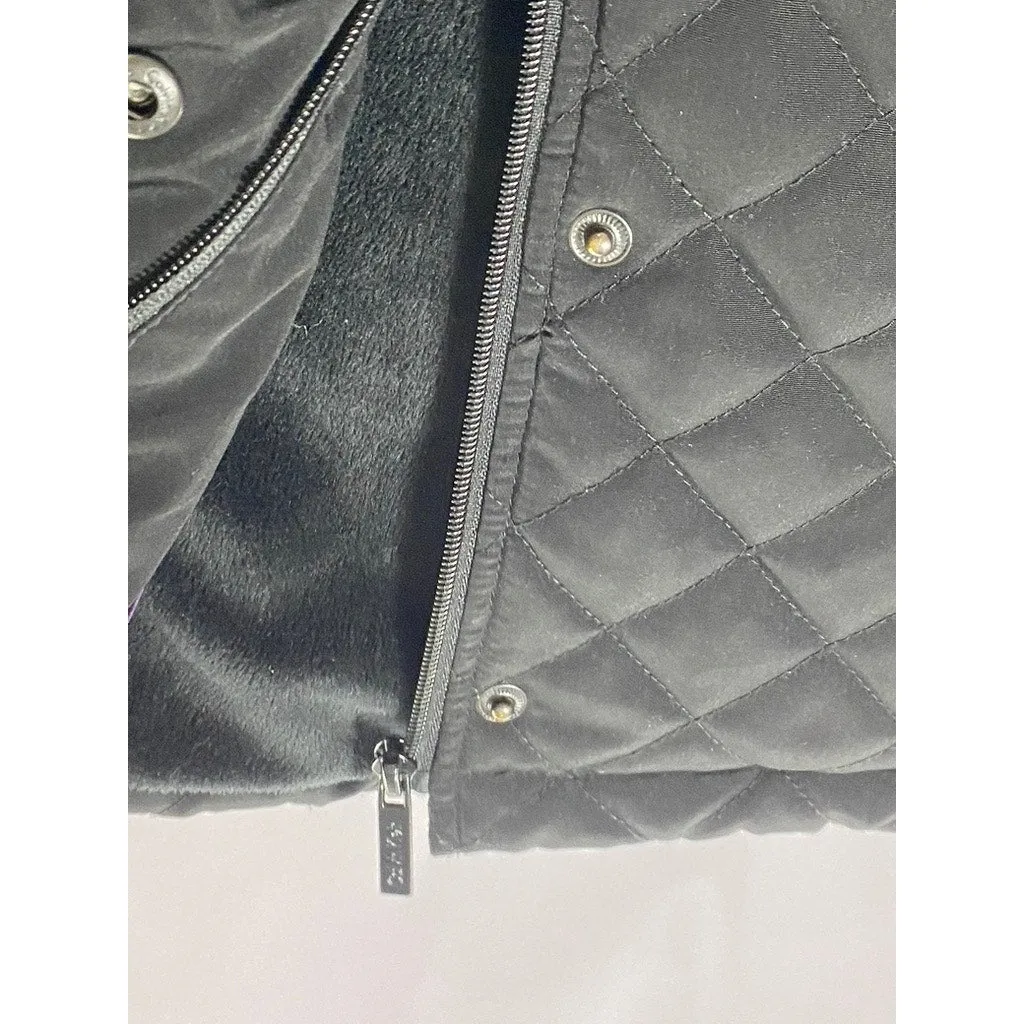 CALVIN KLEIN Women's Black Diamond Quilted Zip-Up Faux-Fur Hood Jacket SZ M