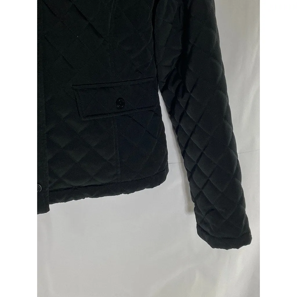 CALVIN KLEIN Women's Black Diamond Quilted Zip-Up Faux-Fur Hood Jacket SZ M