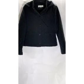 CALVIN KLEIN Women's Black Diamond Quilted Zip-Up Faux-Fur Hood Jacket SZ M