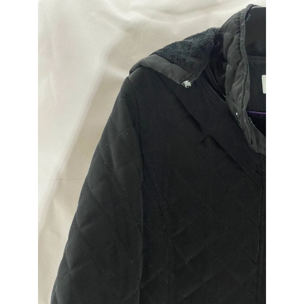 CALVIN KLEIN Women's Black Diamond Quilted Zip-Up Faux-Fur Hood Jacket SZ M