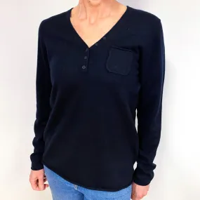 Darkest Navy Buttoned Cashmere V-Neck Jumper Medium
