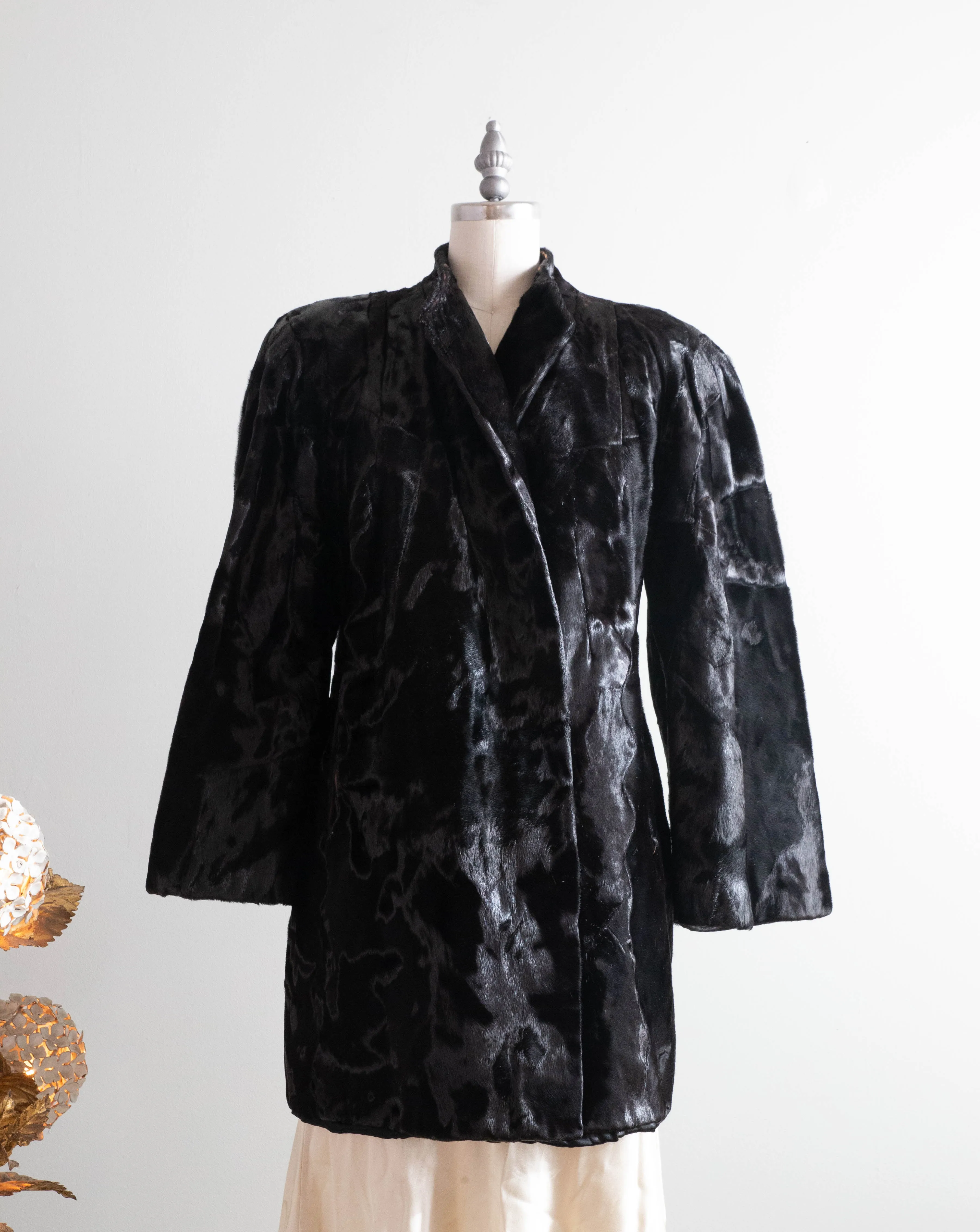 Dramatic 1940's Glossy Obsidian Black Fur Swing Coat With Pockets / SM
