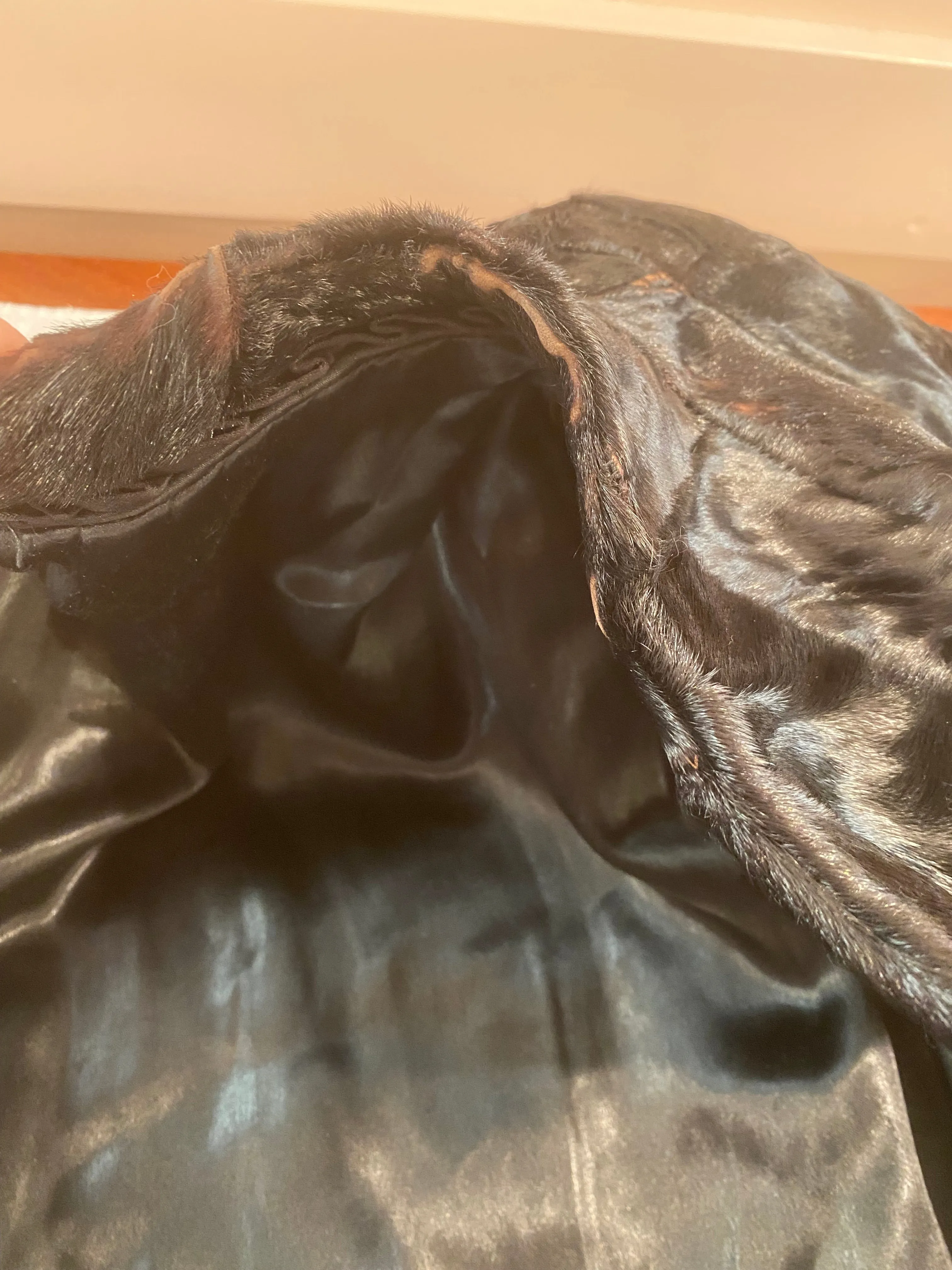 Dramatic 1940's Glossy Obsidian Black Fur Swing Coat With Pockets / SM
