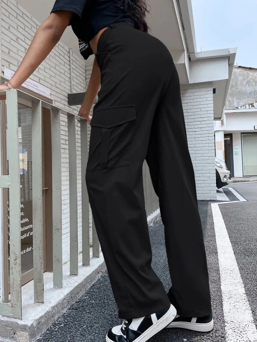 Easy Wear High Waist Flap Pocket Side Cargo Pants