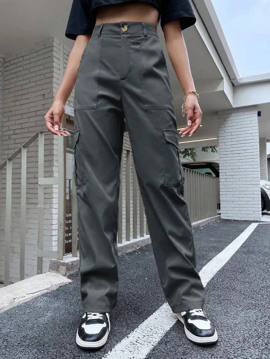 Easy Wear High Waist Flap Pocket Side Cargo Pants