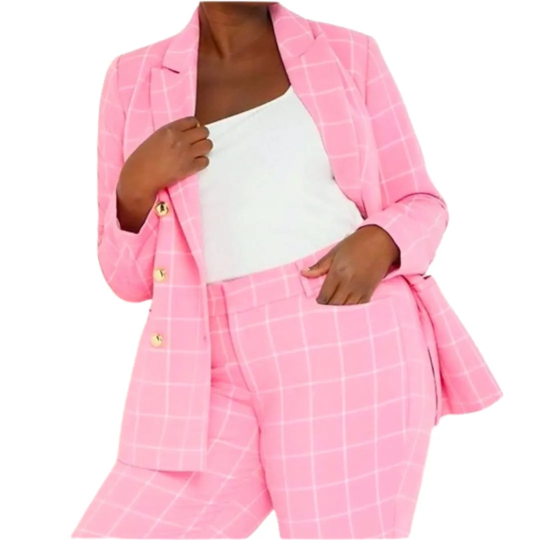 ELOQUII Pink and White Grid Patterned Blazer