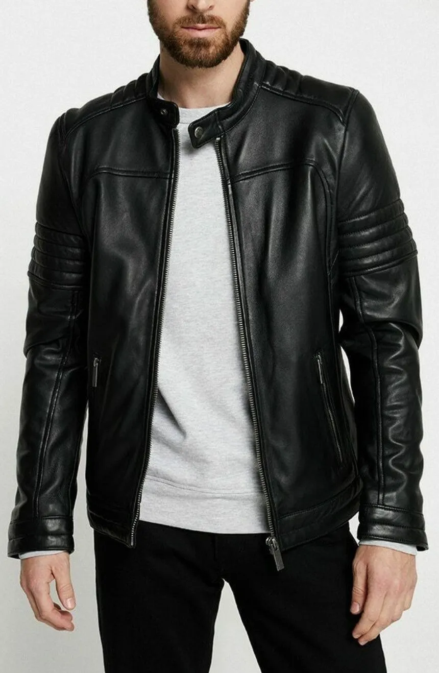 Erin Black Leather Jacket Men Biker Motorcycle Sheepskin