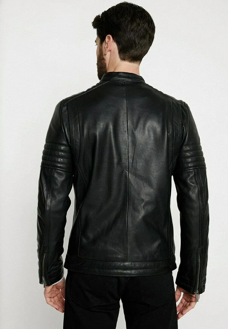 Erin Black Leather Jacket Men Biker Motorcycle Sheepskin