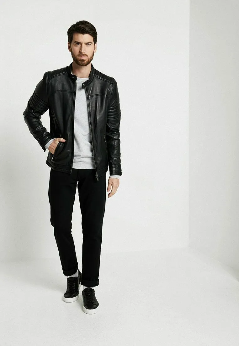 Erin Black Leather Jacket Men Biker Motorcycle Sheepskin