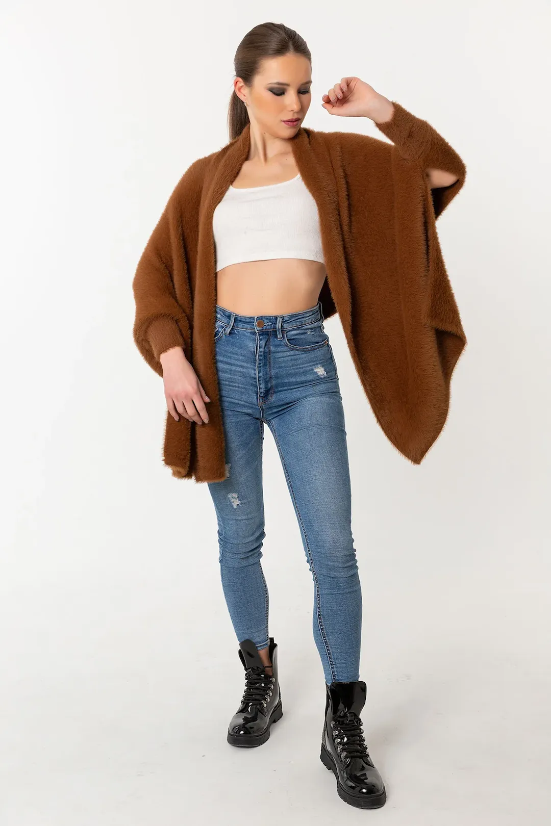 Fuzzy Poncho Shawl with Sleeves - Cinnamon