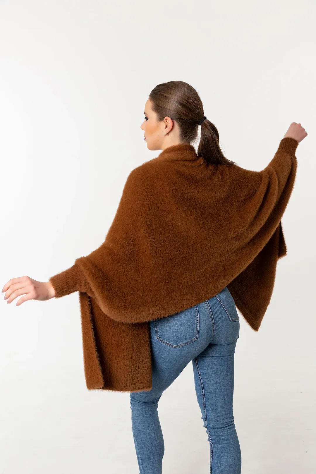 Fuzzy Poncho Shawl with Sleeves - Cinnamon