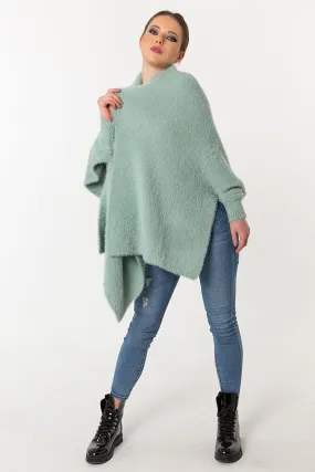 Fuzzy Poncho Shawl with Sleeves -Green Tea