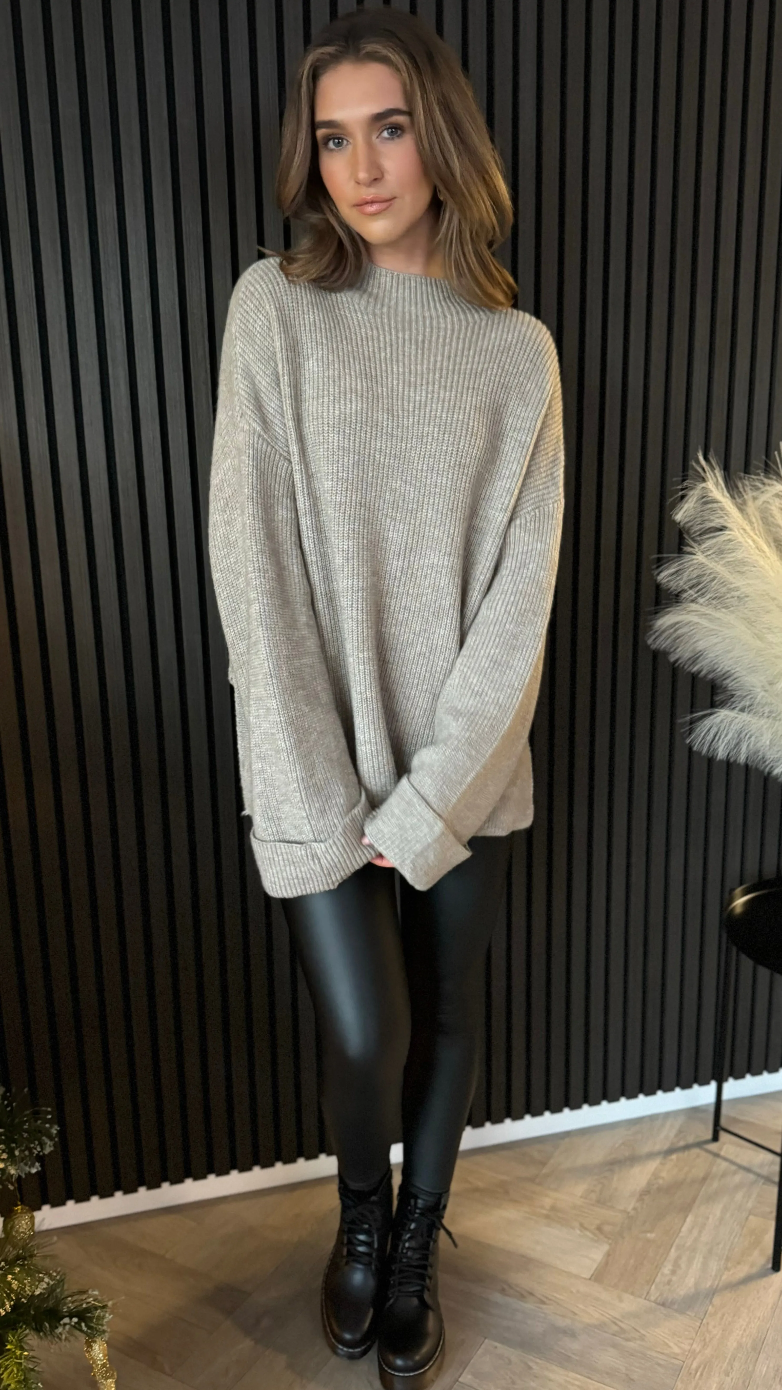 Gigi Taupe High Neck Ribbed Jumper