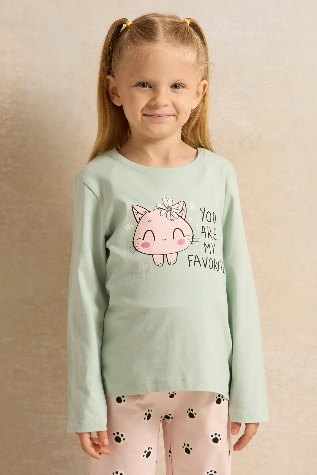 Girls Mint And Pink Printed Pyjama Set (2 Piece)