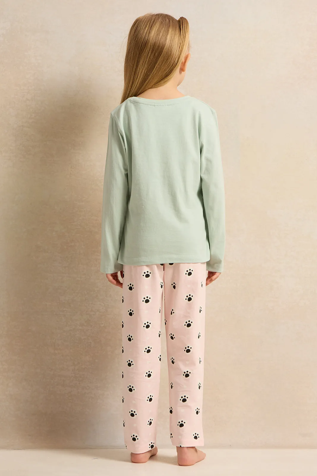 Girls Mint And Pink Printed Pyjama Set (2 Piece)