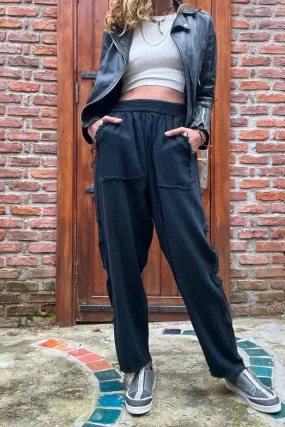 GNS Woman Black Waist Elastic Washed Linen Look Dirty Stitch Detailed Baggy Pants RSD1196 - Tonalá