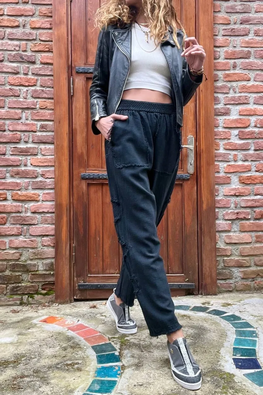 GNS Woman Black Waist Elastic Washed Linen Look Dirty Stitch Detailed Baggy Pants RSD1196 - Tonalá