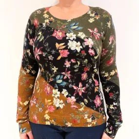 Green, Black and Toffee Floral Cashmere Crew Neck Jumper Large