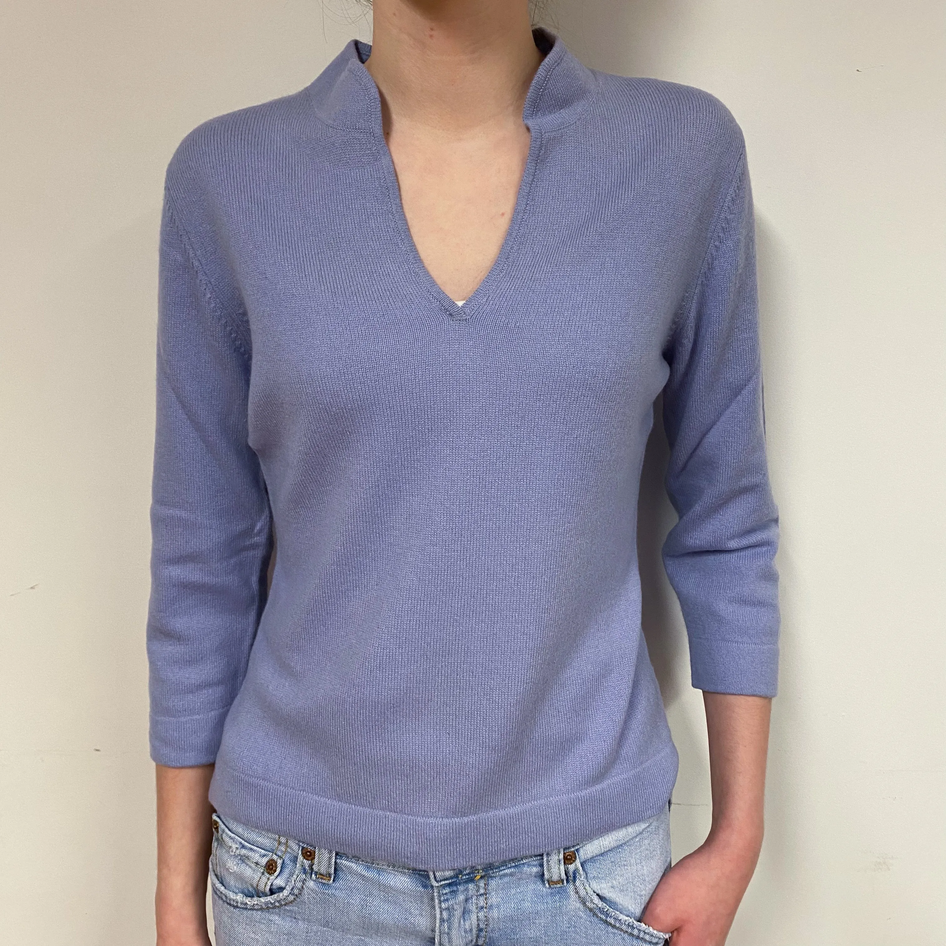 Lilac Cashmere Mandarin Collar V-Neck Jumper Extra Small
