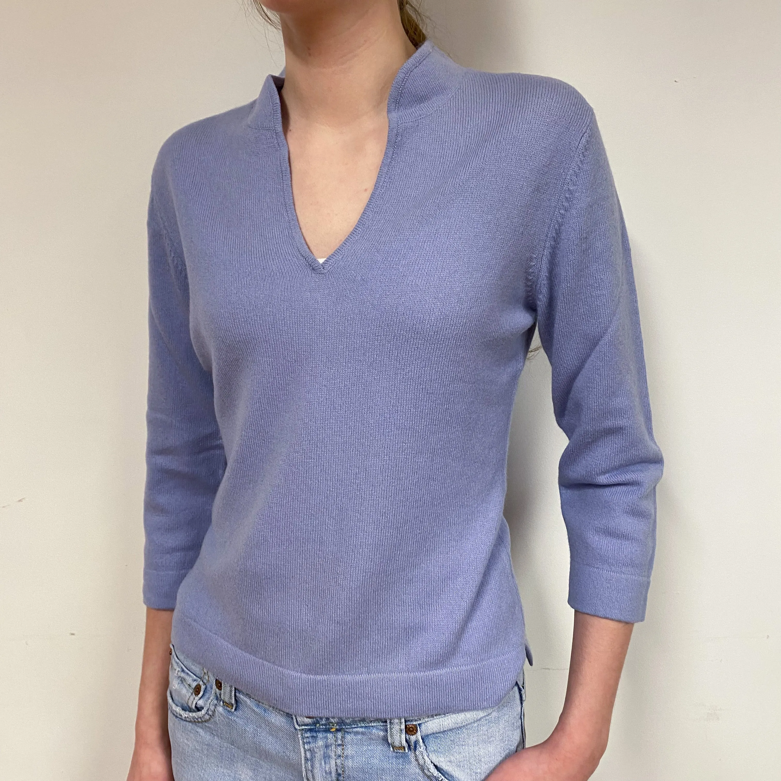 Lilac Cashmere Mandarin Collar V-Neck Jumper Extra Small
