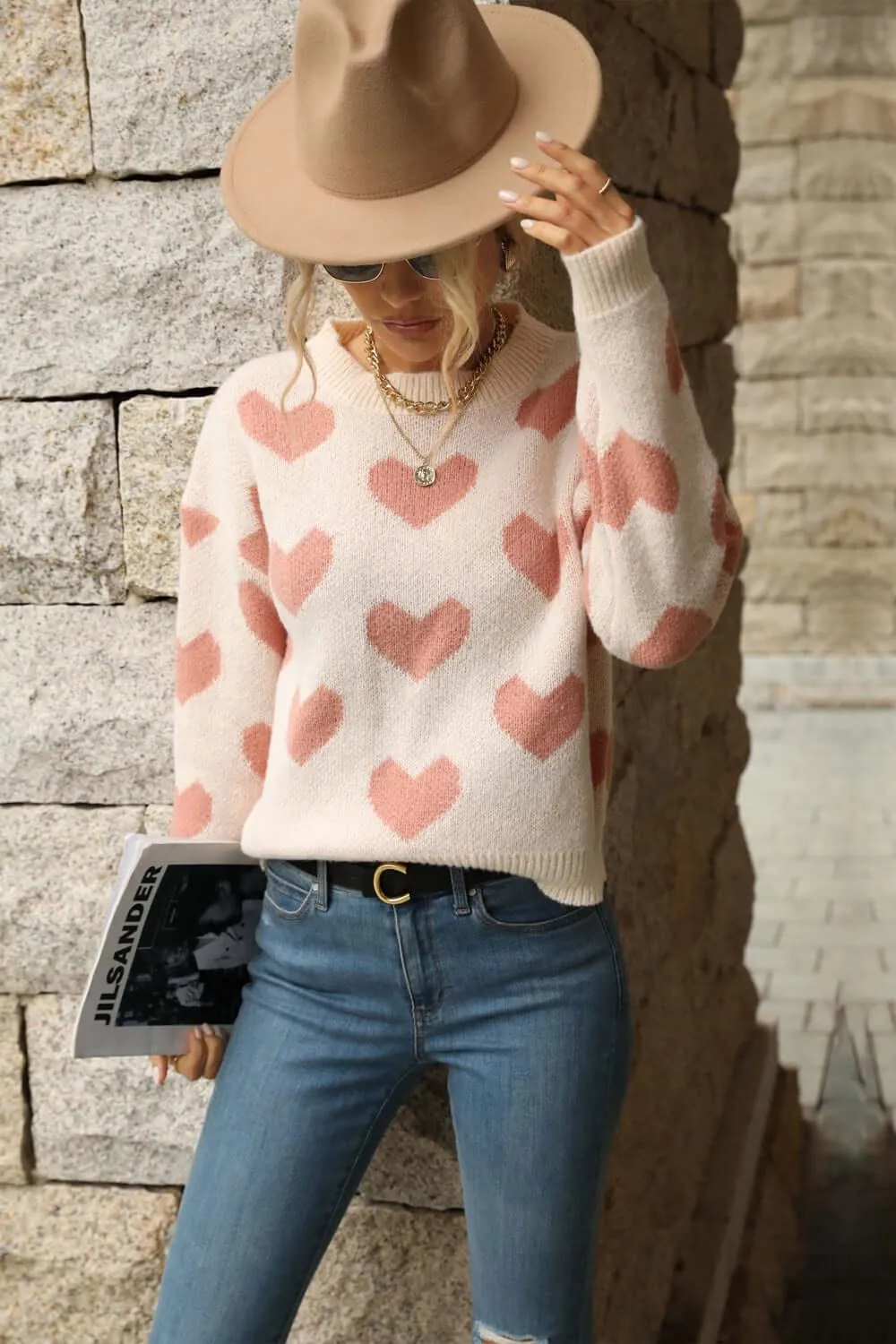Listen to Your Heart Pattern Drop Shoulder Sweater