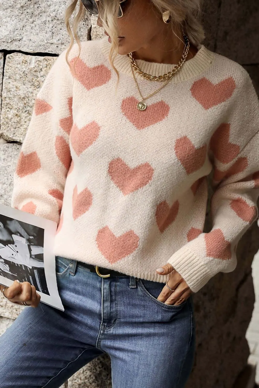 Listen to Your Heart Pattern Drop Shoulder Sweater
