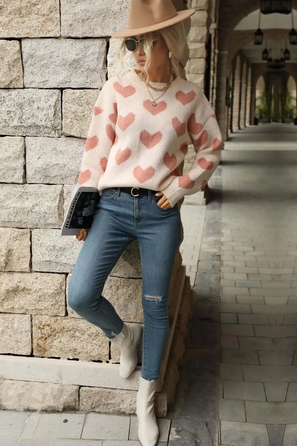Listen to Your Heart Pattern Drop Shoulder Sweater