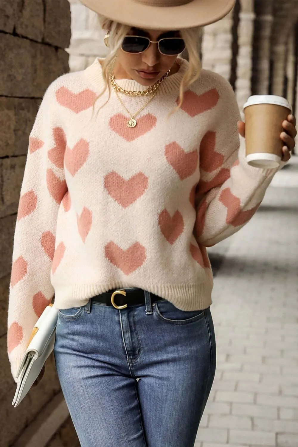 Listen to Your Heart Pattern Drop Shoulder Sweater